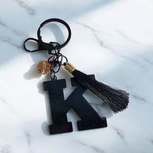 Black Initial K Keychain with Tassel